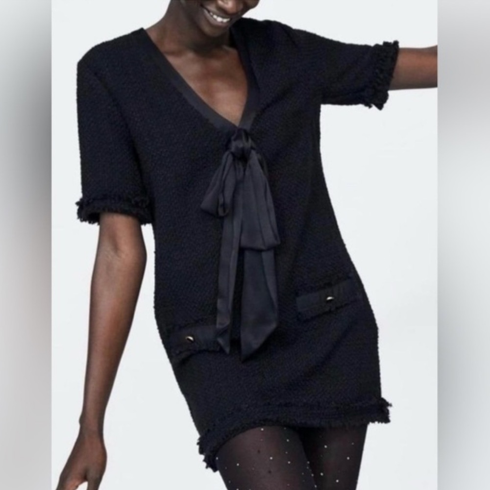 Zara Black Tweed Mini Dress with Satin Bow Detail